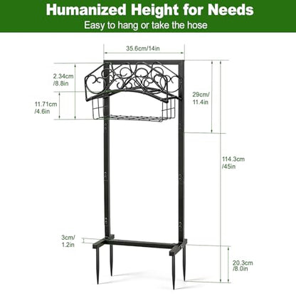 Garden Hose Holder, Freestanding Water Hose Holder Stand with Storage Basket, Sturdy Metal Garden Hoses Storage Rack Holds 150FT for Outside Yard Lawn Farm