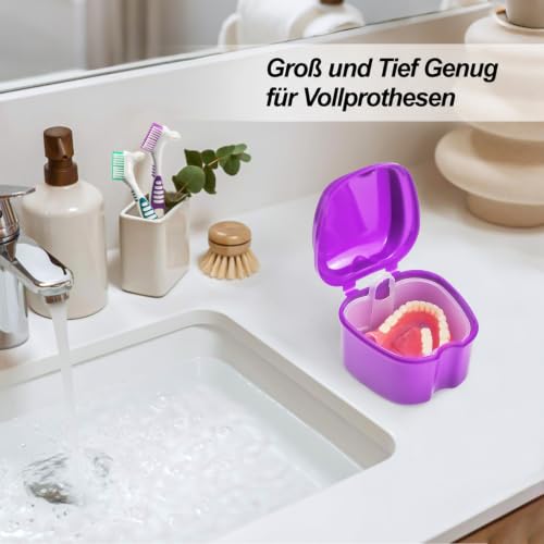 2 Pack Denture Cup Denture Bath Holder Case with Strainer Basket, Dental Retainer Cleaner Case False Teeth Container Denture Bath Soaking Cup with 2 Brushes - Purple and Blue - color: Purple & Blue