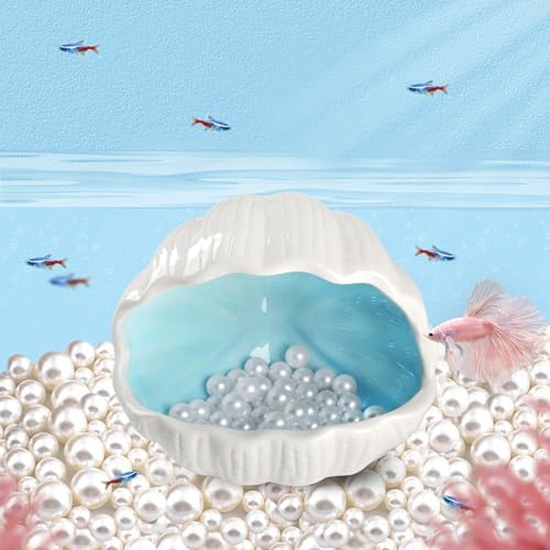 Cute Betta Fish Tank Accessory Decorations Ceramic Conch Shell-Shaped House Aquarium Decor Thematic Ornament Hideout Cave for Shrimp Fish Playing or Hiding (Blue, Small with 50pcs Pearl)