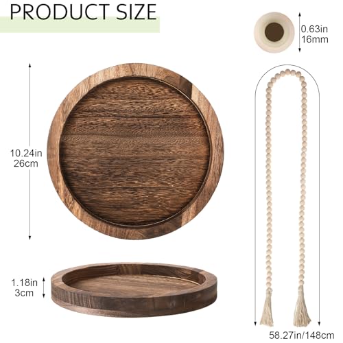 5 Pcs Rustic Country Tabletop Centerpieces Decor Set of 3 Boho Ceramic Vases with Wooden Serving Tray Wood Bead Garland Tassels Table Holder for Home Decorations(Dark Brown)