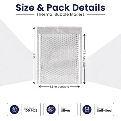 100-Pack Insulated Silver Thermal Bubble Mailers 6.5 x 11 - Waterproof Metallic Foil Self-Sealing Padded Envelopes for Cold Shipping, Perishables, Food, Cosmetics, Pharmaceuticals - size: 6.5 x 11 | 100 Qty