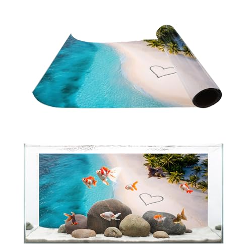 Ocean Beach Aquarium Background 20x48 Inch Self-Adhesive Fish Tank Decorations, Love Tropical Summer Plant Gradient Wave Decorative Fish Tank Background Polyester Aquarium Decor Poster