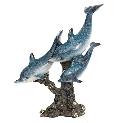 Dolphin Statue - Triple Dolphins Swimming Figurine Coastal Home Decor Tabletop Collection (Aqua) - color: Aqua