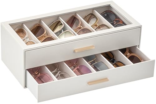 Lolalet Sunglasses Storage Box for Women, Eyewear Eye Glass Organizer with Clear Top Display Holder Case - color: Beige, size: 12 Slots, style: 2-layer