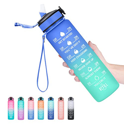 Hyeta Water Bottle with Straw & Time Marker, Plastic 32oz Leakproof - color: Sea Level