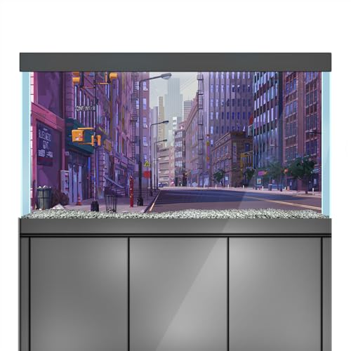 Aquarium Background Stickers - City Street Purple - Fish Tank Reptile Terrarium Decor Poster (45 x 30 cm / (17.7 x 11.8 inches))