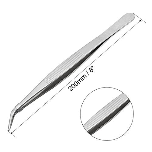 uxcell 8-Inch Stainless Steel Tweezers with Curved Pointed Serrated Tip Daily Garden Tool