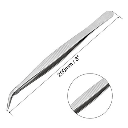uxcell 8-Inch Stainless Steel Tweezers with Curved Pointed Serrated Tip Daily Garden Tool