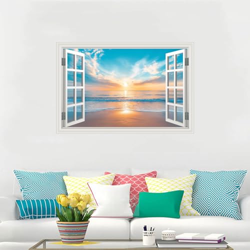 Fake Window Wall Sticker Summer Sunset Seascape Ocean Beach Faux Window Poster Decal Picture Open Wall Art Decor, Stick and Peel Landscape Natural Scenery Canvas Scene Mural,16"x24"