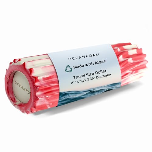 Oceanfoam Ripple Travel Foam Roller (11" x 3.35") Firm Mini Foam Roller for Physical Therapy, Deep Tissue Massage, Back Pain - High Density, Ergonomic Wave Textured - Yoga, Exercise (Red Marbled) - color: Red Marbled