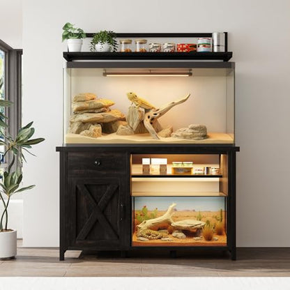 Reptile Tank Stand with Power Outlet, Terrarium Stand with Storage Cabinet, 49" X 20" Tabletop, Aquarium Stand with LED Lights, Reptile Terrarium,Turtle Tank (Oak) - color: Oak