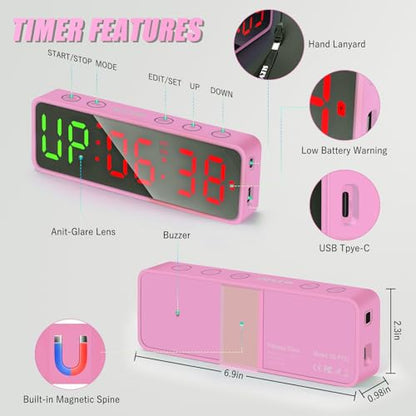 Small Gym Timer Clock Stopwatch Magnetic Workout Interval Timer, Large LED Digital Display, Home Accessories Countdown Clock for Home Gym Garage Schools (Matte Pink) - color: Matte Pink