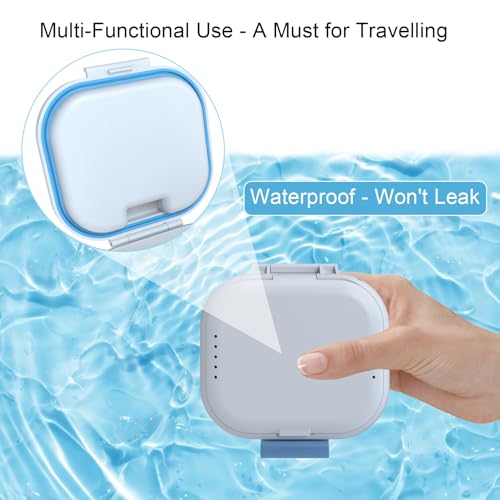 BVN Denture Case with Strainer, Leak Proof Denture Soaking Box | Portable Dental Cup with Storage Compartment, Magnetic Lid & Ventilation Design for Dentures, Retainers and Braces - color: White+blue