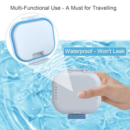 BVN Denture Case with Strainer, Leak Proof Denture Soaking Box | Portable Dental Cup with Storage Compartment, Magnetic Lid & Ventilation Design for Dentures, Retainers and Braces - color: White+blue