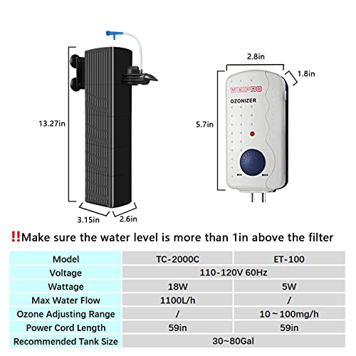 Fish Tank Filter and Aquarium Ozone Generator Set TCE2000,Suitable for 40-70 Gallon Fish Tank.