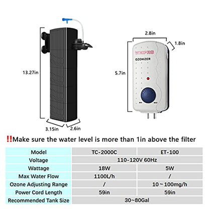 Fish Tank Filter and Aquarium Ozone Generator Set TCE2000,Suitable for 40-70 Gallon Fish Tank.