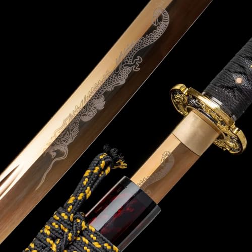 OYZ Real Katana Japanese Samurai Sword, Unique Gift for Men Full Tang Clay Tempered t10 Steel Blade, Spring Steel Memorable for Martial Arts Enthusiasts or Collectors. - style: Golden Dragon themes