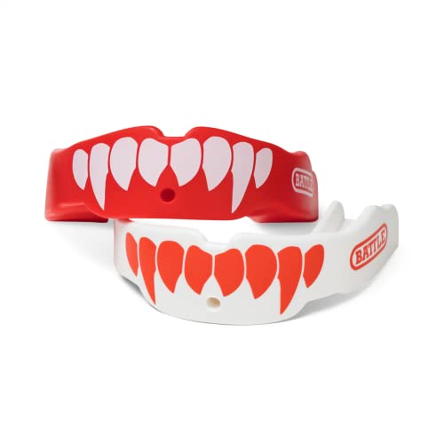 Battle Fangs Football Mouthguard – Sports Mouth Guard with Removable Strap – Protector Mouthpiece Fits with or Without Braces on Teeth – Adult & Youth Mouth Guard Sizes, 2 Pack - color: Red/White, size: Adult (Age 10 & Up)