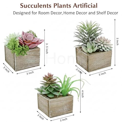 Succulent Plants Artificial, 3 Pack Small Fake Plants in Wood Pot for Home Decor, Farmhouse Artificial Plants Indoor for Living Room Bathroom Bedroom Office Kitchen Desk Wedding Coffee Table Decor