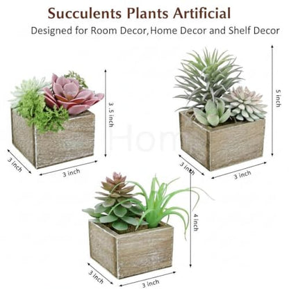 Succulent Plants Artificial, 3 Pack Small Fake Plants in Wood Pot for Home Decor, Farmhouse Artificial Plants Indoor for Living Room Bathroom Bedroom Office Kitchen Desk Wedding Coffee Table Decor