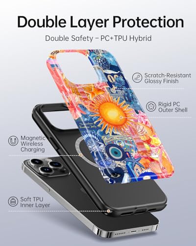 for iPhone 14 Pro Max Case, Sun Evil Eye Collage Aesthetic Phone Case, Compatible with Magsafe, Trendy Vintage Summer Fruit Starfish European Slim Shockproof Protective Women Girl Cover