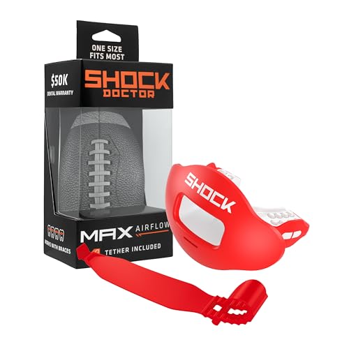 Shock Doctor Lip Guard, Adult and Youth Mouth Guard Football with Strap, Breathable Wide Opening Football Mouthpiece for Youth and Adults OSFA, Shock Doctor Mouth Guards, Max Airflow - color: Red