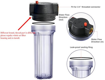 Geekpure 10-Inch Whole House Slim Water Filter Housing with Pressure Relief Valve - 3/4" NPT Brass Port-Fit for 2.5" x 10" Filters-Clear Pack of 3