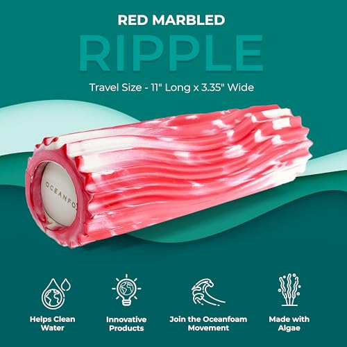 Oceanfoam Ripple Travel Foam Roller (11" x 3.35") Firm Mini Foam Roller for Physical Therapy, Deep Tissue Massage, Back Pain - High Density, Ergonomic Wave Textured - Yoga, Exercise (Red Marbled) - color: Red Marbled