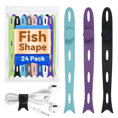 24-Pack Reusable Fish-Shape Silicone Cable Ties – 8 Colors, 4.7” Adjustable Cord Organizers for Cords & Electronics, Cord Wraps for Charging Cables, Cable Management for Home & Office - color: Fish – (Non-magnetic)