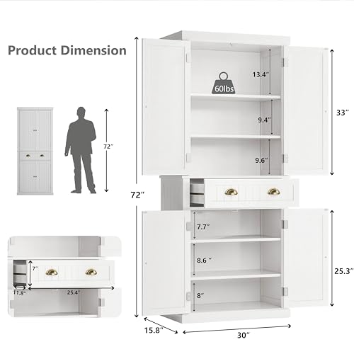 72" Kitchen Pantry,Tall Storage Cabinets with Doors and Shelves,Freestanding Pantry Cabinet for Bathroom,Dining Room and Living Room (Standard White) - color: Standard White