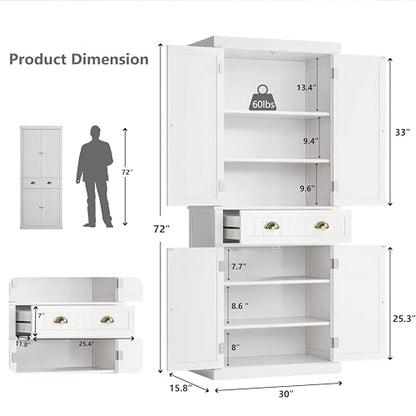72" Kitchen Pantry,Tall Storage Cabinets with Doors and Shelves,Freestanding Pantry Cabinet for Bathroom,Dining Room and Living Room (Standard White) - color: Standard White