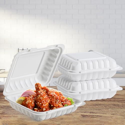 White To Go Containers 8" 34 oz 55 Pack - Shrink Wrap Ready to Use | Mineral Filled PP BPA Free Clamshell Boxes | Food Grade Freezer Microwave Dishwasher Safe | Bulk for Catering & Restaurants - size: 8 inch 34 oz