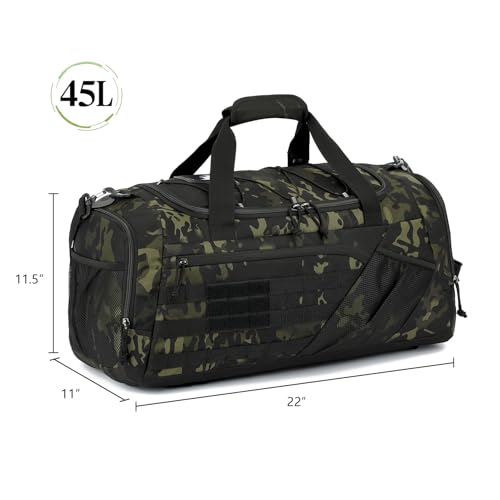 3-in-1 Tactical Gym & Travel Duffle Bag Backpack Men Multi-Functional 45L Military Sports Duffle Bag with Shoe Compartment & Wet Pocket for Workout Weekender Overnight Bag with Molle Webbing, Camo - color: Camo