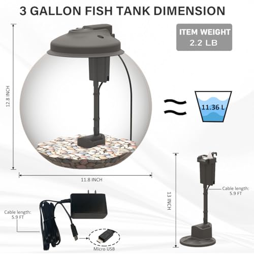 3-Gallon Fish Tank, Aquarium Starter Kit Includes Power Filter, LED Light with 5V Power Supply, and Full Hood, Ideal for Betta and a Variety of Tropical Fish, Impact-Resistant Plastic