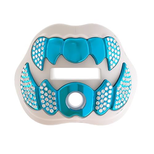 LeCool Football Mouth Guard with Connected Strap- 3D Beast Chrome Adult and Youth Mouth Guard-Mouth Piece for Sports for Maximum Air Flow and Teeth Protection - color: White-blue
