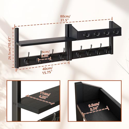 YMYNY 31.5" Coat and Key Rack Wall Mount with Shelf, Black, HWS007B-2 | 4-in-1 Coat and Key Hanger with 12 Metal Hooks, Entryway Wall Shelf with Hooks & Mail Holder for Living Room, Bedroom - color: Black, size: 31.5" - 4-in-1