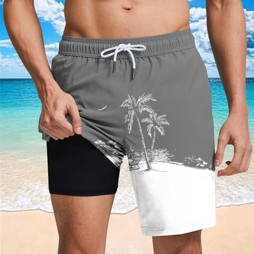 Men's Swim Trunks with Compression Liner Drawstring Bathing Suits Board Beach Shorts with Pockets - color: Gray, size: Medium