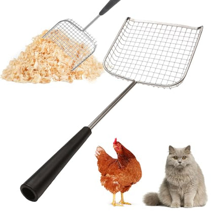 Cat Poop Scooper & Chicken Poop Scooper - Rugged Big 6" Square Stainless Steel Long Handle for Home Kitty Litter Scoop & Farm Chicken Compatible Coop Scooper (Scoop)