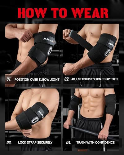 Jaffick Weightlifting Elbow Brace with Dual Adjustable Compression Strap | 1 Pair Elbow Sleeve for Bench Press, Powerlifting, Pressing, Men & Women (Black, L) - size: XL