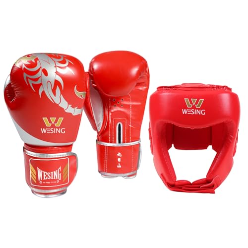 WESING Martial Arts Headgear Gloves Set Boxing Headgear 10oz Boxing Gloves for Men Women Kickboxing Sparring Training - color: Red, size: Small