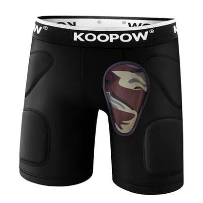 Youth Boys Padded Compression Sliding Shorts Pants With Soft Cup & Pocket - color: Black Camo, size: X-Small