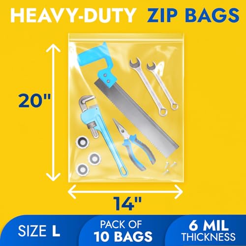 14" x 20" Reclosable Plastic Zip Bags, Pack of 10, 6 Mil Heavy-Duty Clear Poly Bags, Resealable for Food, Clothes, Hardware, Jewelry - size: 14"W x 20"H