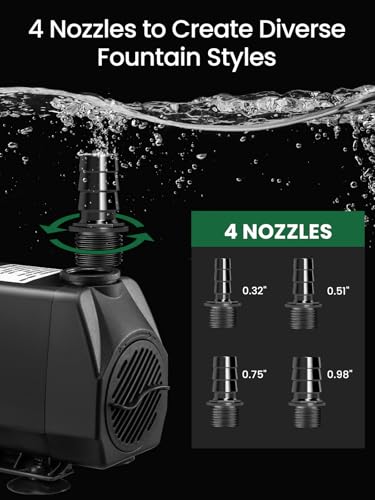 GROWNEER 950GPH Submersible Pump 50W Ultra Quiet Fountain Water Pump 3600L/H, with 9.8ft High Lift, 4 Nozzles for Aquarium, Fish Tank, Pond, Hydroponics, Statuary, Garden, Black (950GPH)