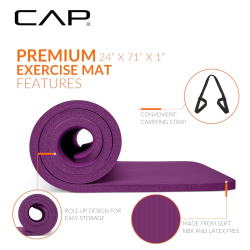 CAP 1" Extra Thick Yoga Mat, Exercise Mat with Strap, Multiple Colors - color: Wine