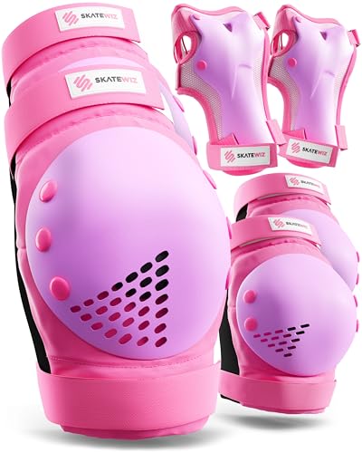 SKATEWIZ Skateboard Pads Protective Gear Set for Kids and Adults - Smash - Roller Skate Pads [6pc] with Wrist Guards - Skating Protective Gear - Roller Derby - color: Pink Purple, size: M/L - Kids/Teens