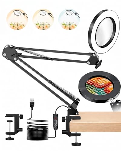 TANYO 10X Magnifying Glass with Light, Real Glass Len Magnifier with Light with 3 Color Mode Dimmable, Dual Swing Arm Hands Free LED Desk Magnifier Lamp for Jewelry Sewing Crafts Embroidery Repair
