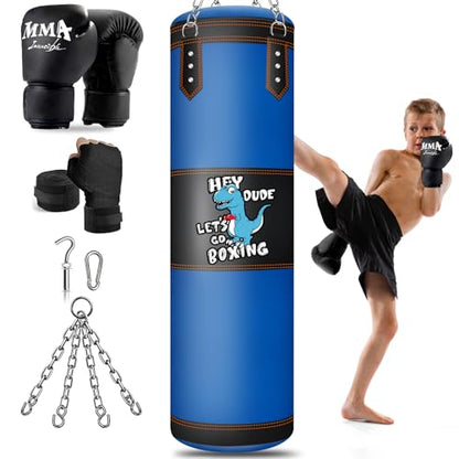 Punching Bag for Kids, 2.7FT Hanging Boxing Bag with Boxing Gloves | Kids Boxing Set Kickboxing Bag for Youth Boxing Karate Muay Thai Kick Taekwondo Training - style: Dinosaurs