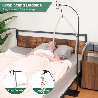 CPAP Hose Holder for Bedside - All-Metal Stand with Aluminum Hook | NoWall Drilling | Fits ResMed/Philips/AirSense Tubing | Helps Keep Hose Clean &Tangle-Free