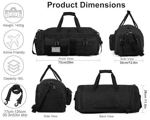 LHI 50L Tactical Duffle Bag for Men, 3-in-1 Gym Duffle and Backpack, Shoe Compartment, Laptop Sleeve and MOLLE, Carry-On Travel Weekender and Overnight Bag – Black - color: Black