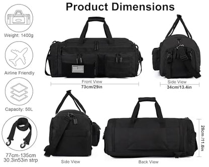 LHI 50L Tactical Duffle Bag for Men, 3-in-1 Gym Duffle and Backpack, Shoe Compartment, Laptop Sleeve and MOLLE, Carry-On Travel Weekender and Overnight Bag – Black - color: Black
